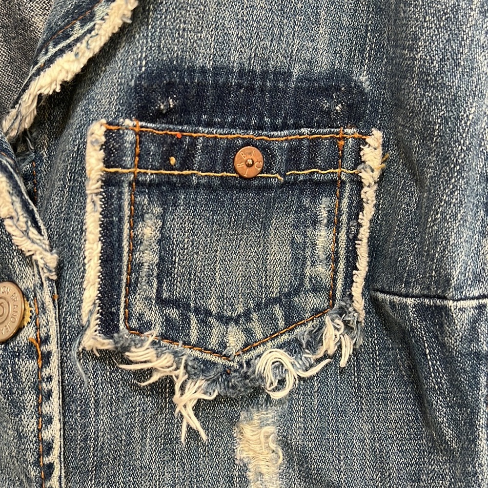True Religion Distressed Blue Jean Jacket Raw Hem Collar, Pockets, & Cuffs Small - Picture 4 of 12